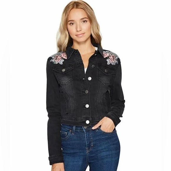 ROMEO and Juliet Couture Rose Roses Black Embroidered Denim Jacket - Picture 1 of 5